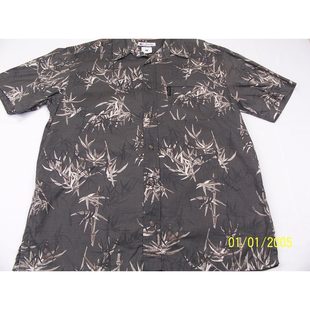 Columbia Tropical Floral Print Short Sleeve Button Up Shirt‎ Charcoal Size Large